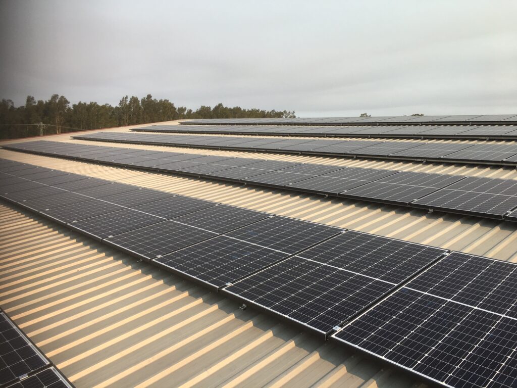 A large array of solar panels on the roof of a building.
