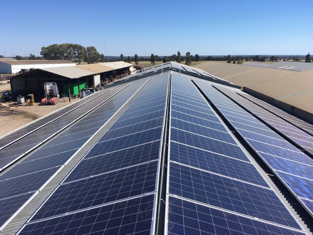 A view of the top of a solar panel array.
